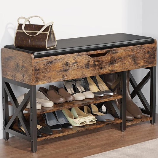 Shoe Bench, Lift Top Shoe Storage Bench, Adjustable Shelf Entryway Bench, Metal and Wood Shoe Rack Organizer with Cushion for Entry, Closet, Living Room, Bedroom, Hallway (Brown, 39.5“W)