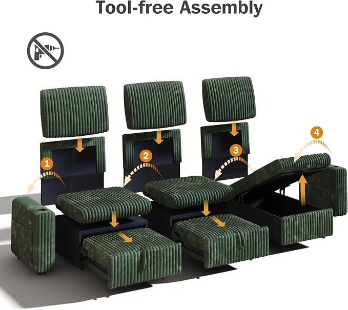 Sunny Heart 101" Plush Corduroy L Shaped Sectional Sleeper Sofa Bed with Pull Out Bed, Reclining Backrest, Reversible Storage Chaise, USB Ports, Cup Holders, Tool Free Assembly,Forest Green