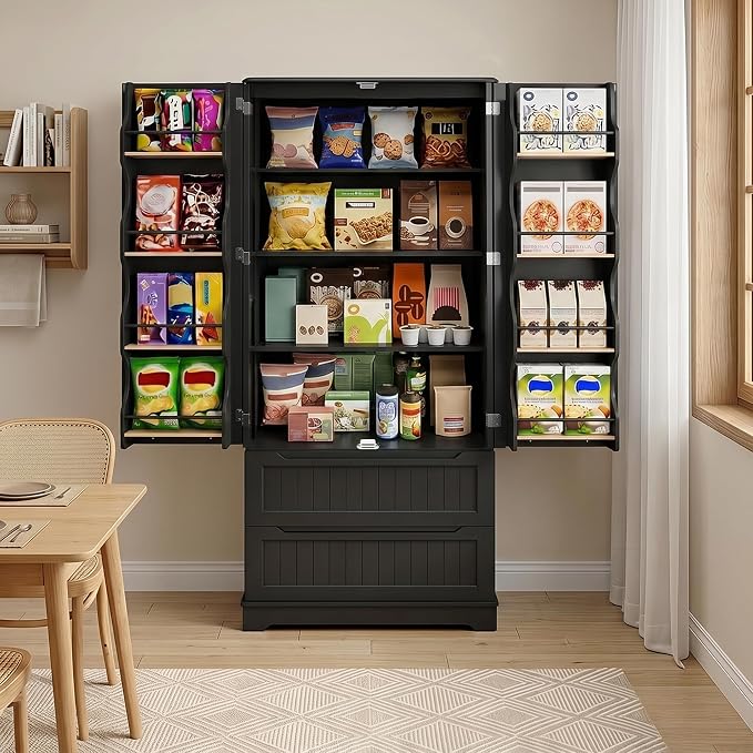 Gizoon 72" Tall Kitchen Pantry Cabinet with Drawers for Dining Room, Food Pantry Storage Cabinet with 8 Doors Shelves for Snack and Spice, Large Craft Storage Cabinet for Craft Room, Black, Painted