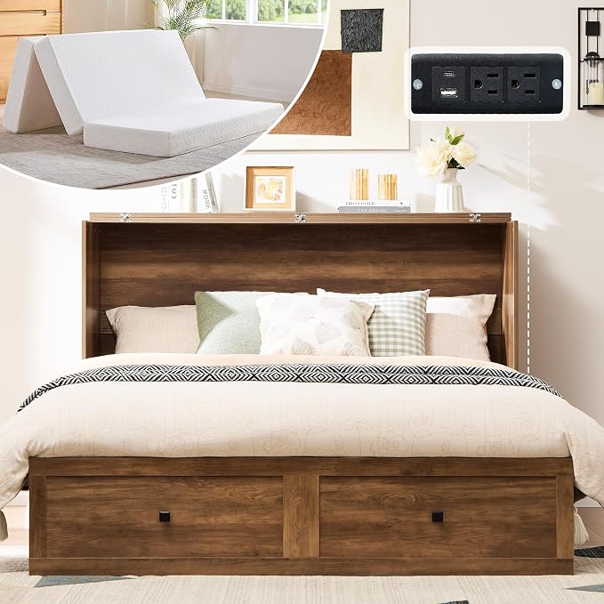 AMERLIFE Full Murphy Bed Cabinet with 6" Tri-Fold Memory Foam Mattress, Storage Drawer & Charging Station, Space-Saving Guest Bed for Home Office, Barnwood