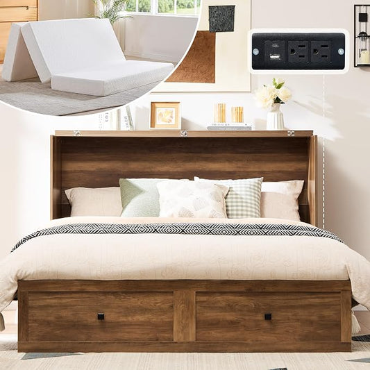 AMERLIFE Full Murphy Bed Cabinet with 6" Tri-Fold Memory Foam Mattress, Storage Drawer & Charging Station, Space-Saving Guest Bed for Home Office, Barnwood