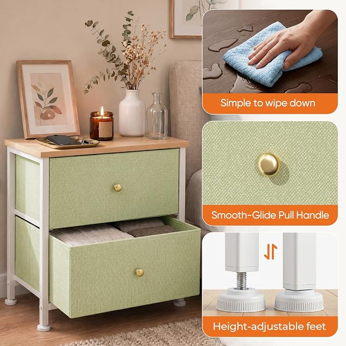 Sweetcrispy Nightstand with 2 Storage Drawers, Small Bedside Table | 20" Height End Table, Wooden Top Fabric Cabinet for Bedroom, Furniture, Closet, College Dorm, Light Green