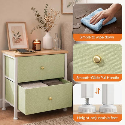 Sweetcrispy Nightstand with 2 Storage Drawers, Small Bedside Table | 20" Height End Table, Wooden Top Fabric Cabinet for Bedroom, Furniture, Closet, College Dorm, Light Green