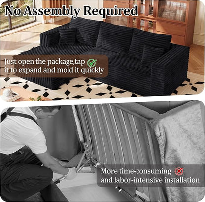 Modular Sectional Sofa, Boneless Compressed Sofa in a Box, L-Shaped Cloud Couch with Deep Seats & Chaise for Living Room, No Assembly Required (Black, 92.5" L-Shape with Left Facing Chiase)