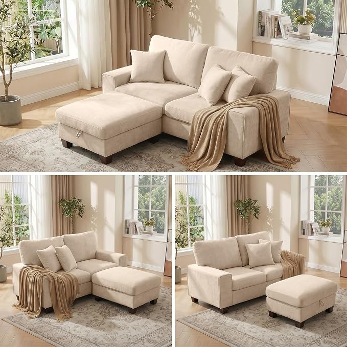 DOPEDIO L-Shaped Sectional Sofa with Storage Ottoman, Modern Chenille Recliner Loveseat, Removable Couch Covers, Pocket Spring Cushions, Solid Wood Frame, Easy to Install (71.25inch, Beige)