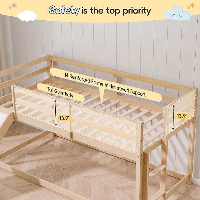 Bunk Bed with Slide, Wooden Bed Frame for Kids, Low Loft Bunk Bed Twin Over Twin with Ladders, Safety Guardrails for Kids, Toddlers, Boys, Girls, Teens, Bedroom (Natural)