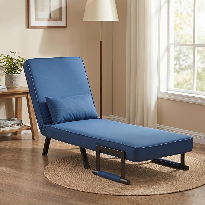 5 in 1 Convertible Bed Sleeper Chair, Chair Bed for Adults with 5 Adjustable Backrest, Folding Chaise Lounge Couch with Pillow, Comfortable for Living Room Bedroom Apartment Office, Blue