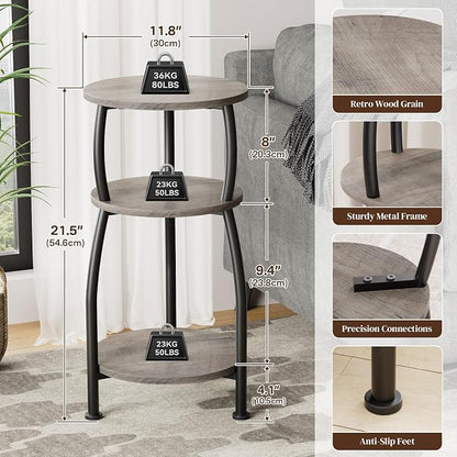 Small Round Side Table, 3-Tier End Table with Storage Shelf, Slim Sofa Table Coffee Table, Sturdy & Easy Assemble Nightstand for Small Spaces, Living Room Bedroom Corner, Grey