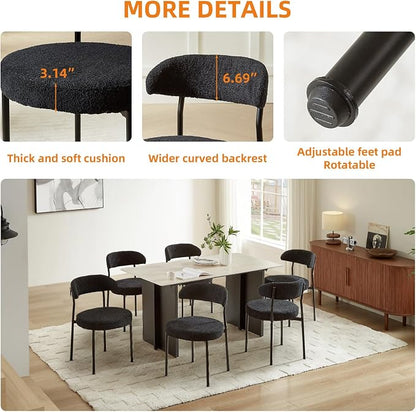 SoarFlash Dining Chairs, Black Boucle Dining Chairs Set of 6, Kitchen Dining Room Chairs Curved Backrest Upholstered Mid Century Modern Chairs with Black Metal Legs