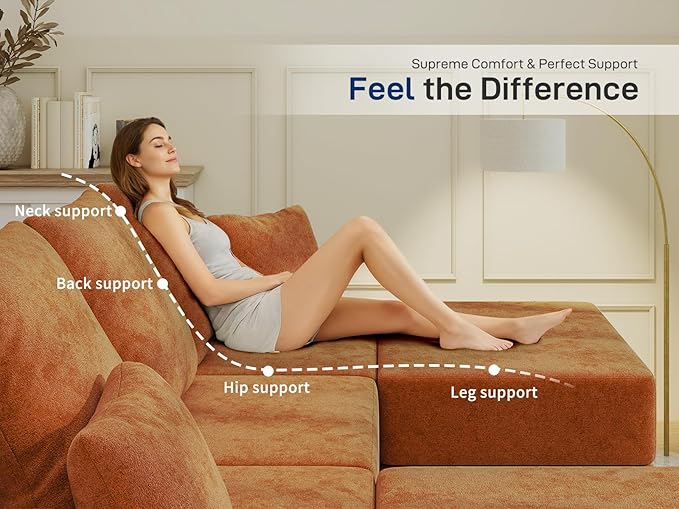 Living&Giving 128" U-Shaped Cloud Sectional Couch for Living Room, Cloud Boneless Couch-No Assembly with Reversible Chaise, Customizable 4-Seat Modular Sectional Sofa with 3 Ottoman, Orange