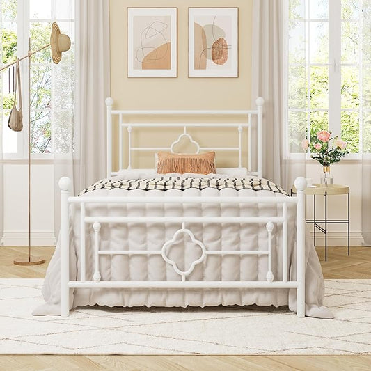 Allewie Twin Size Metal Platform Bed Frame with Victorian Vintage Headboard and Footboard/Mattress Foundation/Under Bed Storage/No Box Spring Needed/Noise-Free/Easy Assembly, White