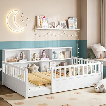 Bellemave Kids Montessori Floor Bed Full Size,Floor Bed Frame with Bookcase and Fence for Kids Boys Girls,White