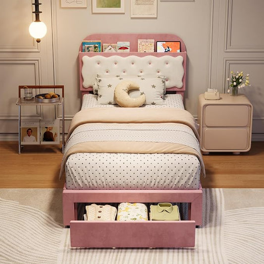 Garvee Twin Bed Frames, Velvet Upholstered Platform Bed with Biscuit Tufted Storage Headboard, Drawer, Sturdy Wood Slats, No Box Spring Needed, Easy Assembly