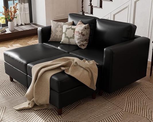 ABCASA Faux Leather Loveseat Sofa Sleeper Bed with Storage Seat, 64.6" Modular Sectional Couch Deep Seat with Reversible Chaise 2-Seat Black