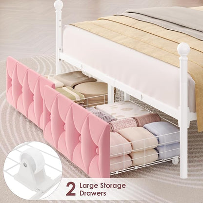Keyluv Full Upholstered Canopy Bed Frame with 2 Storage Drawers & Button Tufted Headboard, Metal Platform Bed with 4 Removable Posts, Two-Purpose Velvet Bed, Pink/Curtain Not Included