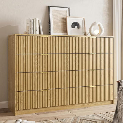 MAISONARIA 3-Piece Dresser Bedroom Set, 8 Drawer Dresser & 2 Drawer Nightstands with Gold Handles, Fluted Wood Chest of Drawers for Bedroom, Living Room, Entryway, Nature