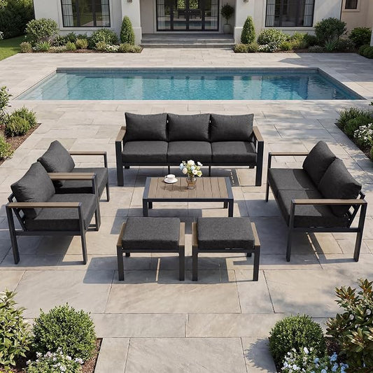 Patio Furniture Set 9 Seats and Coffee Table, 7 Pieces Patio Conversation Set with Thick Cushion, Ottomans, Deluxe Aluminum Modern Outside Sectional for Porch, Balcony, Deck, Yard, Dark Gray