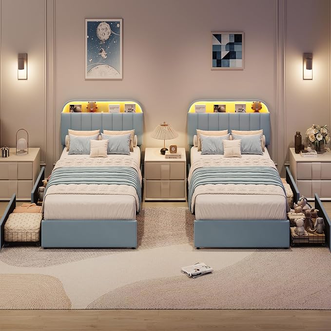 GarveeHome Twin XL Bed Frame with Storage Headboard, Kids Bed Frame with 2 Drawers, Velvet Upholstered Platform Bed Frame with Lights, No Box Spring Needed, Easy Assembly, Velvet Blue