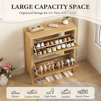 YOMILUVE Shoe Storage Cabinet for Entryway, Fluted Shoe Cabinet with 2 Flip Drawers, Hidden Shoe Rack Slim Freestanding Hidden Shoe Organizer for Foyer, Hallway, Oak