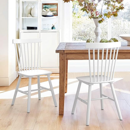 LUE BONA Windsor Dining Chairs Set of 2, Solid White Wood, Slat Back, Arm Rest, Cushion Availability