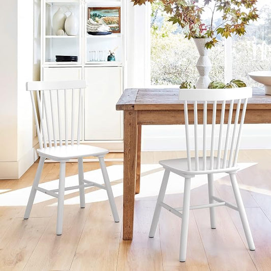 LUE BONA Windsor Dining Chairs Set of 2, Solid White Wood, Slat Back, Arm Rest, Cushion Availability