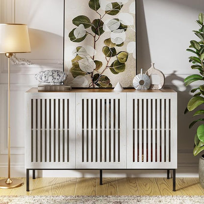 BVIUNTWO 47" Farmhouse Buffet Cabinet with Metal Base, Adjustable Shelves & 3 Doors, Antique White Storage Sideboard for Kitchen, Dining & Living Room