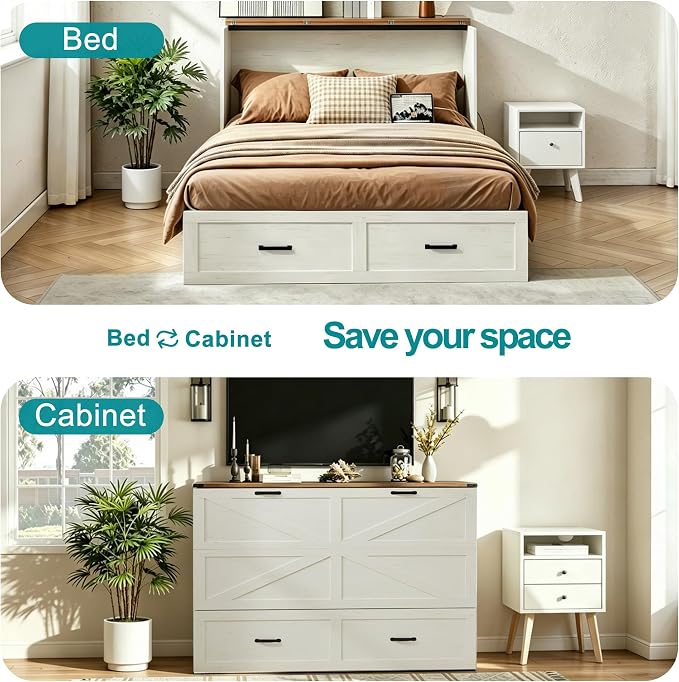 Queen Murphy Bed with Charging Station Large Storage Drawer Farmhouse Wood Space Saving Hidden Foldable Cabinet Bed for Bedroom Office School, Rustic White