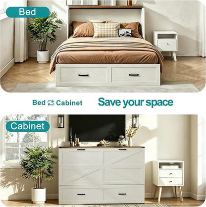 Queen Murphy Bed with Charging Station Large Storage Drawer Farmhouse Wood Space Saving Hidden Foldable Cabinet Bed for Bedroom Office School, Rustic White
