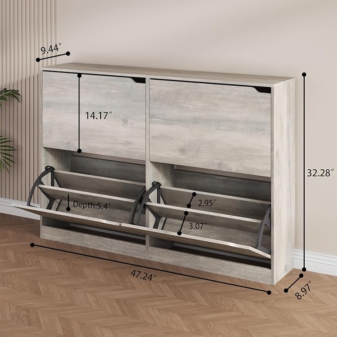 Shoe Storage Cabinet, Wood Shoe Organizer for Entryway with 3 Flip Drawers, Freestanding Shoe Rack with Adjustable Shelf, Narrow Shoe Dresser for Front Door Entrance (Grey, 4 Drawers)