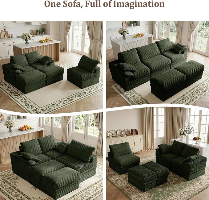 107" Modular U-Shaped Sectional Sofa with Storage, 3-Seat Corduroy Boneless Couch, 27" Deep Seat Cloud Couch & 2 Movable Ottoman, Tool-Free Assembly, Couch for Living Room, Green