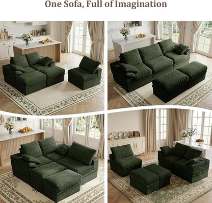107" Modular U-Shaped Sectional Sofa with Storage, 3-Seat Corduroy Boneless Couch, 27" Deep Seat Cloud Couch & 2 Movable Ottoman, Tool-Free Assembly, Couch for Living Room, Green