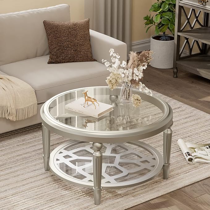 COSIEST 32" Round Glass Coffee Table with Storage, 2-Tier Modern Champagne Center Table for Living Room, Elegant Clear Glass Top Accent Table with Pine Wood Frame, Simple Home Office Furniture