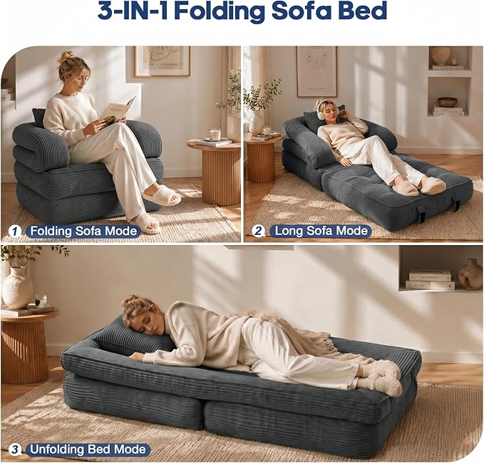 Folding Sofa Bed, Convertible Sleeper Chair with Armrests for Adults, Foldable Corduroy Boneless Bed, 3-in-1 Portable Futon Couch Floor Sofa with Pillow for Bedroom, Living Room, Dark Gray