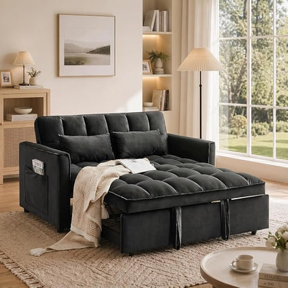 54'' Sleeper Sofa Bed, Convertible Pull Out Couch Futon with Side Pockets, Velvet Loveseat Sofa Bed with Adjustable Backrest, Armrest Pillows for Living Room Dorm Apartment, Black