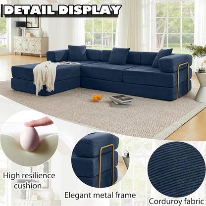 HANXIN 108 Inch Convertible Sleeper Sofa Bed, Folding Floor Mattress Couch with Fixed-Shape Frame, Futon Boneless Couch Lounge Loveseat with Pull Out Bed, No Assembly Required (Blue)