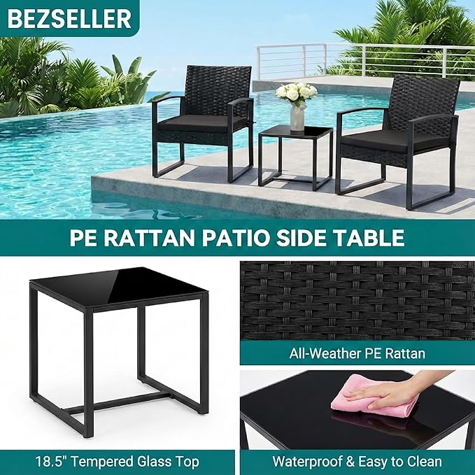Bezseller 3 Pieces Patio Furniture Set, Outdoor Rattan Bistro Set with Coffee Table, Durable Steel Frame with Strapped Cushions for Garden, Balcony, Poolside, Backyard