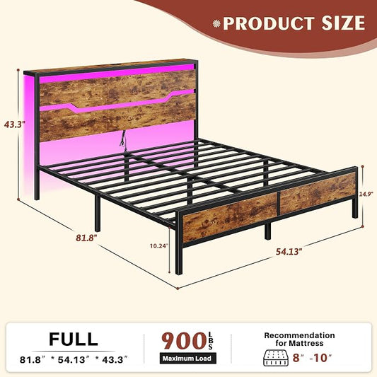 Homkdom Full Size Bed Frame with USB Ports & LED Lights, Headboard Shelf, Heavy Duty Metal Platform with 10.24" Underbed Storage, Noise-Free Slats, No Box Spring Needed, Modern Brown