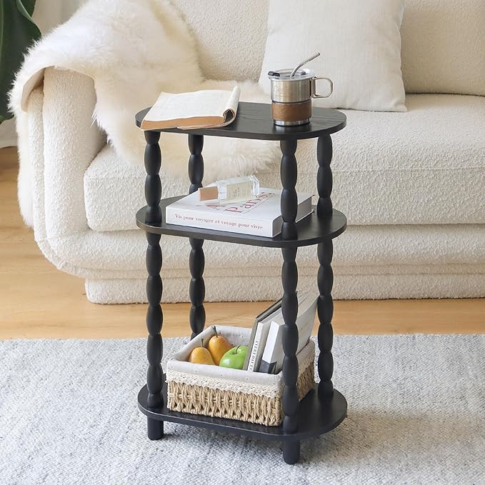MaxSmeo Small Narrow Side Table, 3-Tier Narrow End Table with Storage, Skinny Side Table Nightstand for Small Spaces, Bedrooms, Living Room (Black)