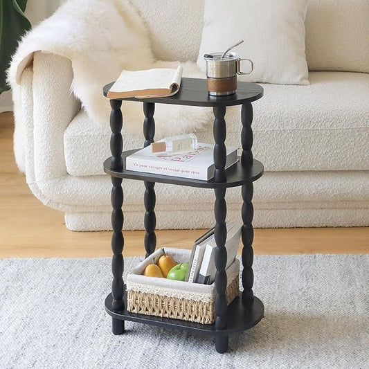 MaxSmeo Small Narrow Side Table, 3-Tier Narrow End Table with Storage, Skinny Side Table Nightstand for Small Spaces, Bedrooms, Living Room (Black)