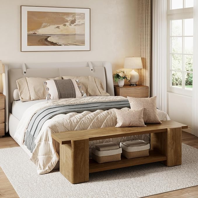 LITTLE TREE Wood Entryway Bench, 63" End of Bed Bench with Storage Shelf, Farmhouse Extra Long Shoe Bench for Entryway, Dining Room, Hallway, Living Room, Bedroom, Double-Reinforced Legs, Natural Oak