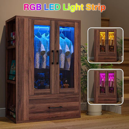 Wooden Dog Closet with LED Lights, Pet Wardrobe Organizer | Storage Cabinet for Dog & Cat Clothes, Toys, Food | Multi-Use Furniture, Walnut