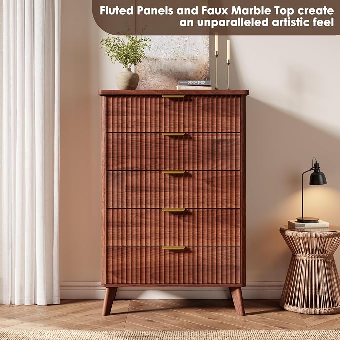 GarveeHome Fluted Dresser for Bedroom with 5 Deep Drawers, 47.2 in Tall Chest of Drawers, Curved Profile Design, Modern Wooden Dresser, for Living Room, Kids Room, Hallway, Walnut