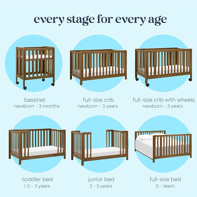 Carter's by Davinci Colby Grow 6-in-1 Convertible Bassinet to Crib in Walnut, Portable Design with Removable Wheels, Wooden Baby Bed w/Four Adjustable Heights | GREENGUARD Gold and FSC Certified