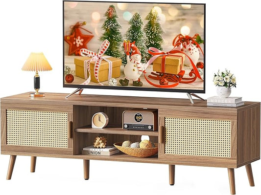 SUPERJARE Boho TV Stand for 65 Inch TV, Entertainment Center with Adjustable Shelf, Rattan TV Console with 2 Cabinets, Media Console, Solid Wood Feet, 4 Cord Holes, for Living Room, Walnut