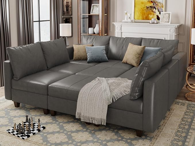 EASE MOOSE Modular Sectional Couch with Storage, Faux Leather Sectional Sleeper Sofa Bed,Grey Faux Leather Modular Sofa