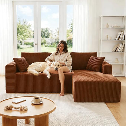 92.5" Modular Sectional Sofa, L-Shaped Cloud Couch with Deep Seats & Chaise, Convertible 4-in-1 Corduroy Boneless Couches for Living Room,Bedroom,No Need Assembly - Brown(Right Facing Chaise)
