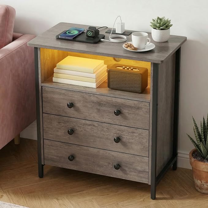 27 Inch LED Nightstand with Charging Station & 3 Drawers, Gray | Solid Wood and Steel Frame, 2 AC Outlets, 2 USB Ports, RGB App Control, Open Storage, Adjustable Feet, for Bedroom or Office