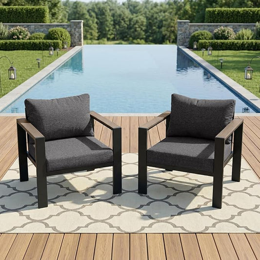Patio Furniture Armchair Set of 2, All-Weather Patio Sofa with Washable Thick Cushion, Deluxe Aluminum Modern Outdoor Sectional for Porch, Balcony, Deck, Yard, Dark Gray
