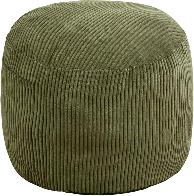 Round Stuffed Pouf Ottoman,Corduroy Foot Rest with Rebound Foam Filled, Furry and Fluffy Foot Stool Ottoman, Floor Poufs for Living Room (Green, 20" D x 20" W x 15" H)