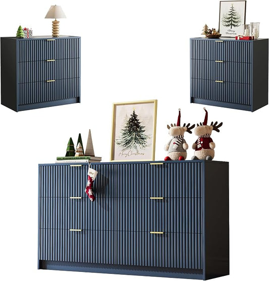MAISONARIA 3-Piece Dresser Bedroom Set, 6 Drawer Dresser & 3 Drawer Nightstands with Gold Handles, Fluted Wood Chest of Drawers for Bedroom, Living Room, Entryway, Navy Blue